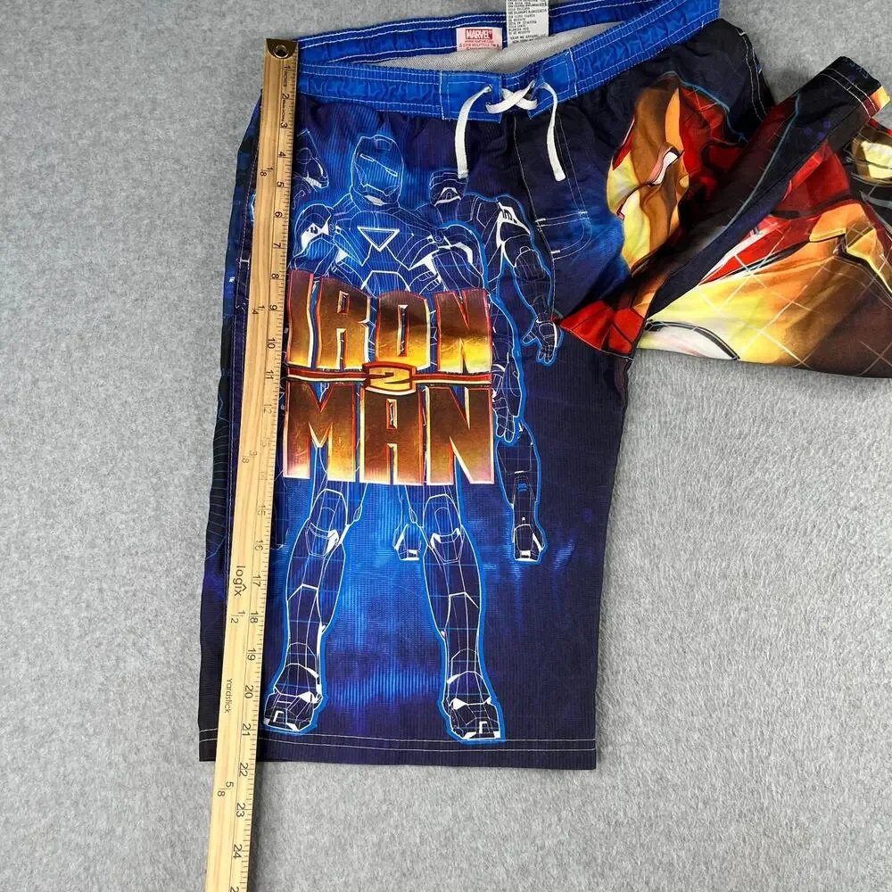 Iron Man Swim Trunks Boys 14/16 Blue Graphic Print Pool Beach Elastic Waist
